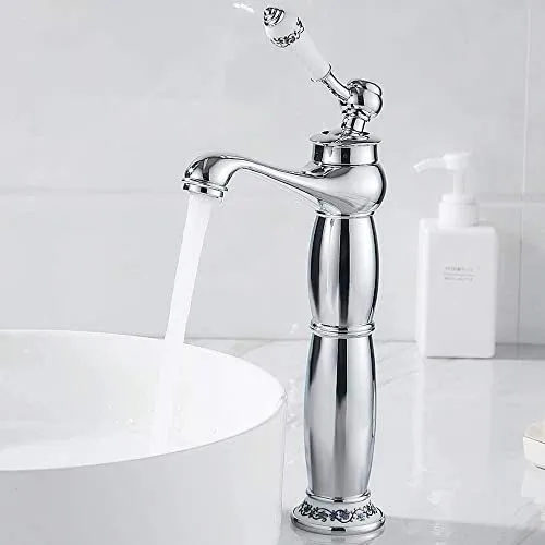 Copper Faucet for Bathroom Sink – Hot & Cold Water Mixer, Vintage Retro Style, Deck-Mounted Basin Tap for Home Washbasin - Silver - Size 305mm