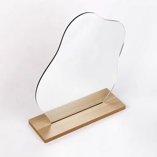 Irregular Aesthetic Vanity Mirror Frameless,Decorative Desk Tabletop Acrylic Mirrors with Wooden Stand for Living Room and Minimal