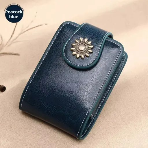Peacock Blue Sleek Compact PU Leather Flap-Top Lip Gloss Organizer with Built-in Mirror