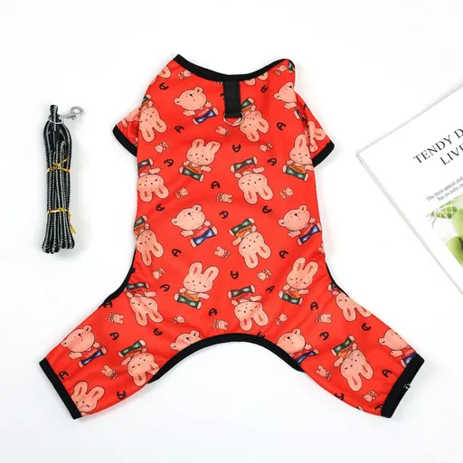 Pet Dog Summer Mesh Clothing Harry Kennel Four-legged jacket with traction buckle - red rabbit plus 1.2m traction ropes Xs recommendations (0.5-1.0kg )