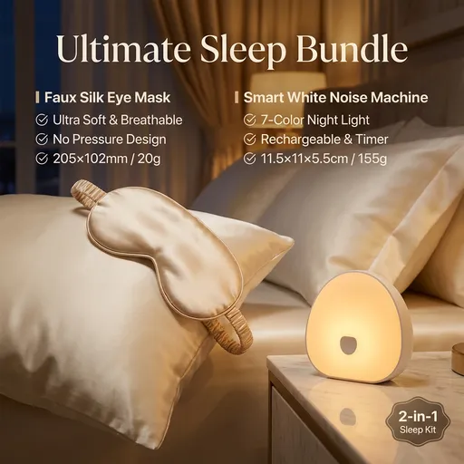 Nighttime Anxiety Relief & Relaxation Set - Champagne gold Imitation Silk Sleep Eye Mask and Smart White Noise Night Light for Soothing Sleep, Nursing, and Stress Reduction