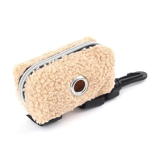 Plush Fleece Poop Bag Dispenser Carrier for Dog Walking – Portable Pouch with Carabiner & Velcro Strap, Holds Waste Bags and Small Essentials, Soft Faux Fur Design in Multiple Pastel Colors (Elegant Yellow)