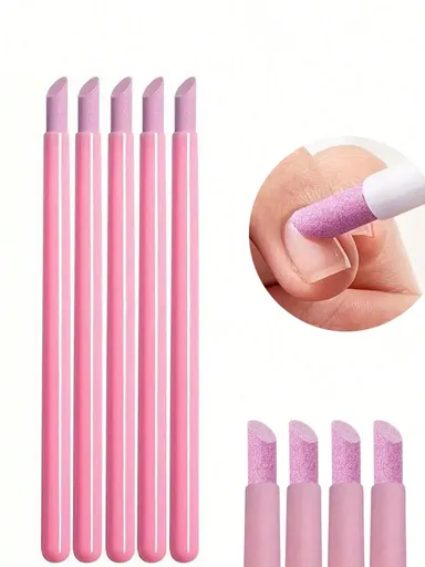 5Pcs Nail Art Tool Set 45 Degree Cuticle Remover Dead Skin Pusher Nail Buffer Polisher Pen Quartz Ceramic Head Manicure Pedicure Kit Home Professional Use Nail Pink