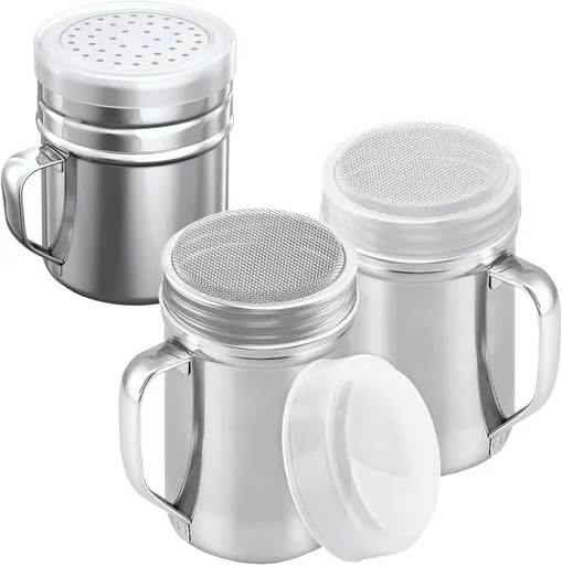 [2-pcs] 14oz Large Powdered Sugar Shakers (ine Mesh) + [1-pcs] 10oz Stainless Steel Salt Pepper Dredge Shaker - with Plastic Caps & Handles Bundle