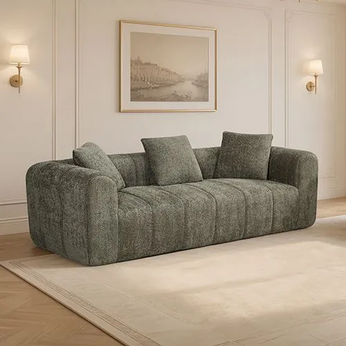 Frameless Compressed Fabric 3 Seater Sofa Modern Low-Profile Rounded Arms Deep Channeled Seating Textured Green Finish