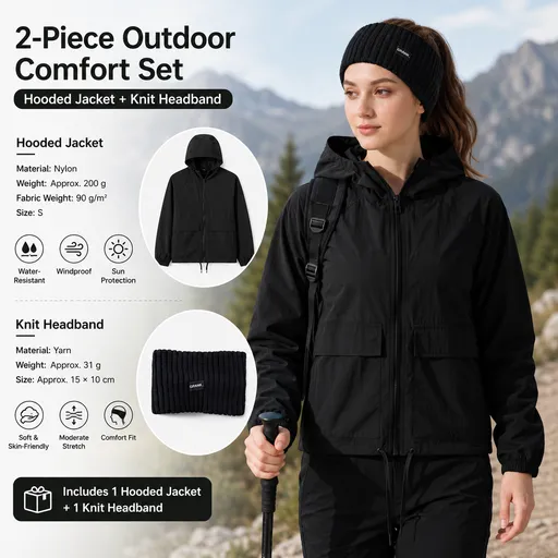 Women's Lightweight Outdoor Windproof and warm set - Black S Size Waterproof Windproof Sun Protection Hooded Raincoat and Black Knitted Warm Headband Set for Hiking Travel Daily Wear