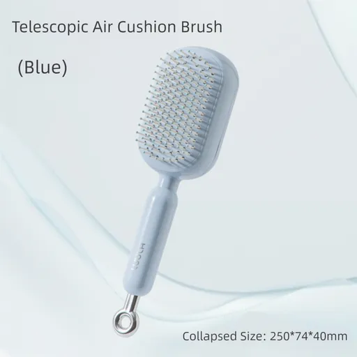 Blue Innovative Self-Cleaning Cushion Hairbrush - Retractable Bristle Detangling & Scalp Massager