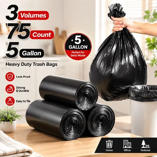 Flat Mouth Garbage Bags 75 Count Black Trash Bags for Bedroom Home Kitchen, Point-Break Perforated Roll Design Waste Bin Liners for Bathroom Office Trash Containers