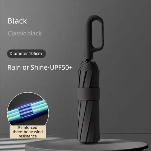 Black Heavy Duty Fully Automatic Carabiner Umbrella with Integrated Hook Handle (Diameter 106CM) - Ultra Windproof and UV Protective Sun & Rain Umbrella