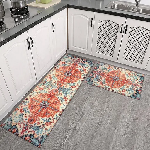 Kitchen Mats for Floor Set of 2 Pcs, Cushioned Non Slip Kitchen Rugs for Kitchen Floor, Absorbent Runner Comfort Standing Mats Washable for Kitchen, Office, Home (15"x47"+15"x23") Orange,Blue#3