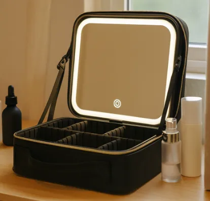 Portable Makeup Case with LED Light Mirror Travel Cosmetic Bag Organiser Adjustable Dividers Large Capacity Vanity Box for Women