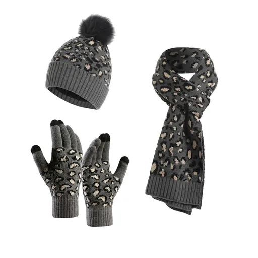 Dark Grey Women's 3-Piece Winter Knit Set - Leopard Print Plush Lined Beanie Hat, Scarf & Touchscreen Gloves