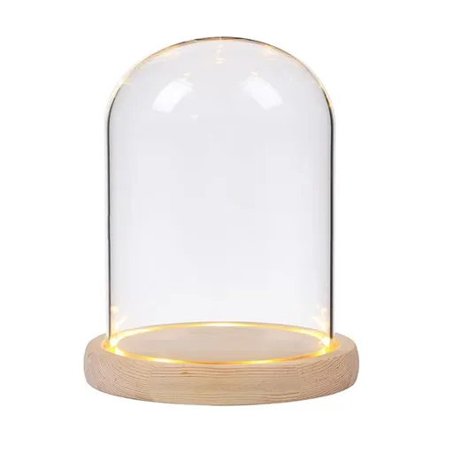 Glass niche dome with wooden LED lamp base, transparent display dome, countertop glass niche display cabinet, small statue, souvenir, plant, ideal gift（12*22cm）