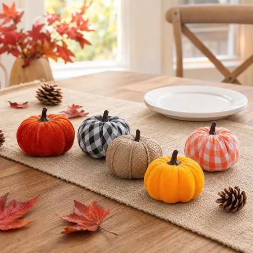 5 pcs Fall Autumn Artificial Velvet Pumpkins, Mini Multicolor Buffalo Faux Pumpkins for Thanksgiving Harvest Home Farmhouse Wedding Decor Centerpieces Table Mantel Autumn Decor