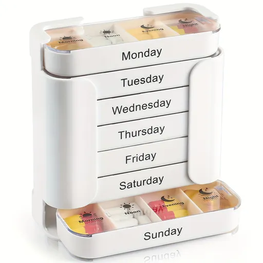 Weekly Pill Organiser White Tower - 7 Day Medicine Storage Box with 4 Daily Compartments (Morning, Noon, Evening, Night) - Portable Slide-Out Trays for Vitamins & Supplements