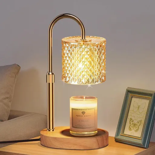 Adjustable Timed Candle Warmer Lamp, Wooden Base Glass Aroma Lamp, Candle Not Included, Comes with 2 Bulbs—Natural Wood Color