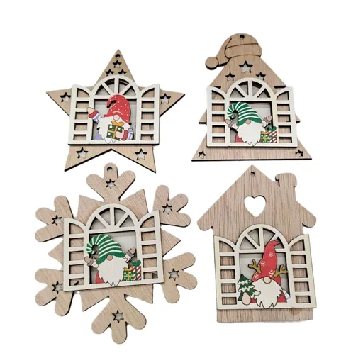 4pcs Christmas Tree Wooden Crafts Decoration Window Opening Elderly Pendant Creative Christmas Accessories