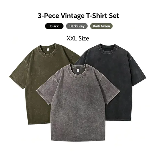 Three‑Pack Heavyweight Washed Retro Cotton T‑Shirt Unisex Value Set Perfect Christmas Present Black Dark Grey Army Green Size XXL
