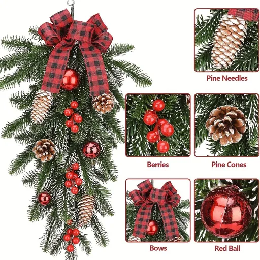 Christmas garland, pinecone garland, berry garland, plaid bow garland, Christmas decoration, holiday decor, door hanger, wall decor, window decor, Australian Christmas decor, festive garland - Green - Size Christmas