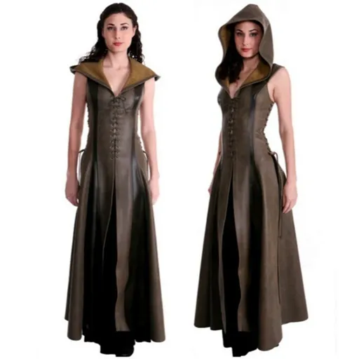 House Of Dasein Women Fashion Slim Lace Up Leather Medieval Ranger Long Dress Cosplay Costume - Xxl