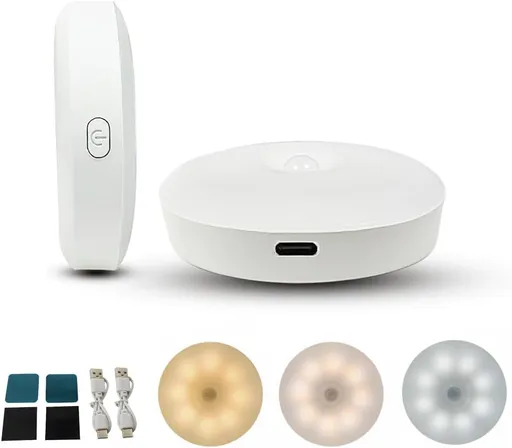 2-pack indoor motion sensor night light, automatic/constant modes, warm white and neutral light, three colors, magnetic installation, rechargeable for bedroom, hallway, etc.
