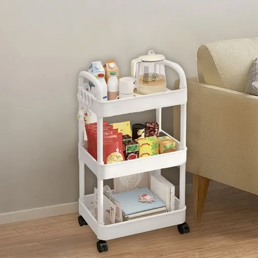 3-Tier Rolling Storage Cart 13.8x8.7x26.9in, Plastic Utility Trolley with Wheels, Multi-Purpose Organizer for Kitchen Bathroom Bedroom, White