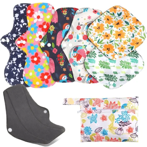 7 in 1 Reusable Menstrual Pads,Breathable Cloth Pads,6 PCs Sanitary Pads Set with Wings for Women,Washable Overnight Reusable Panty Liners Period Pads