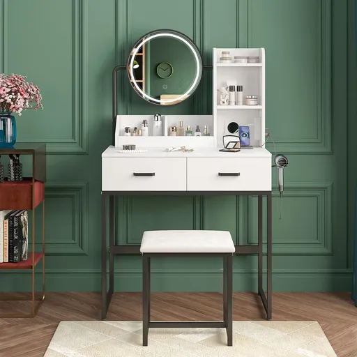 White Black Dressing Table Stool Set with LED Lights and Charging Station, 80x136cm