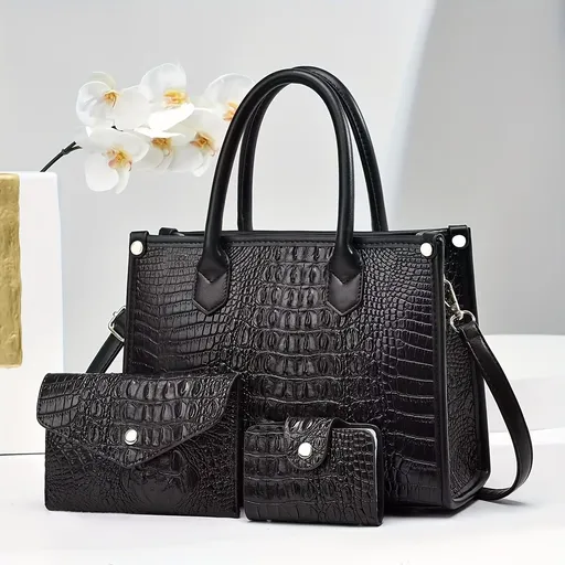 Luxury Handbag Set Crocodile Pattern Handbag Three Piece Handbag Set Large - Black - Size 28-10-21