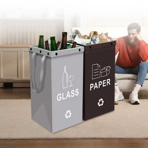 Collapsible Recycling Bags 40L, Waterproof Reusable Laminated Waste Sorting Bins with Carry Handles, Paper Brown & Glass Grey 2‑Pack for Home Kitchen Indoor Recycling