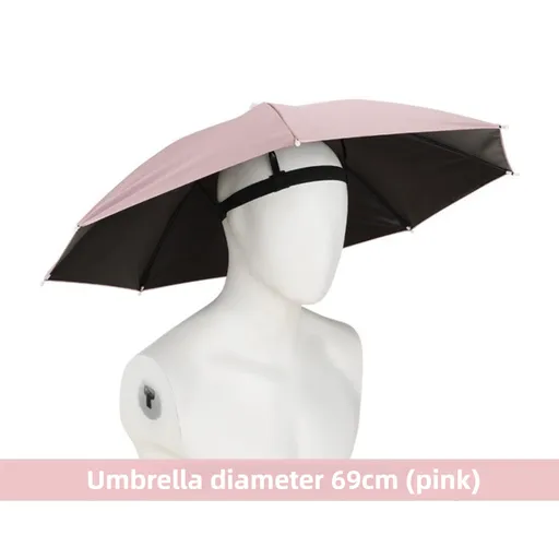 Pink Foldable Sun & Rain Umbrella Hat (Diameter 69CM) - 99% UV Potective and Wind/Rainproof Fishing Umbrella with Elastic Headband