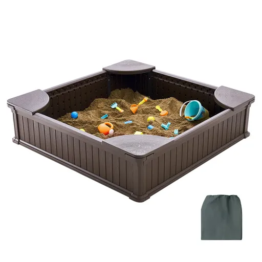 Sandbox with Cover, 48.6x48.6x12.4 in Square Sand Box, HDPE Sand Pit with 4 Corner Seating and Bottom Liner, Kids Sandbox for Outdoor Backyard, Beach, Park, Gift for Boys Girls Ages 3-12, Brown