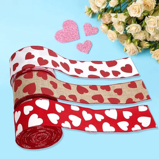 Valentine's Day Ribbons - 3 Rolls - Handmade Ribbons - Heart Pattern - Natural Texture - Suitable for wrapping flowers and party decorations （2m）