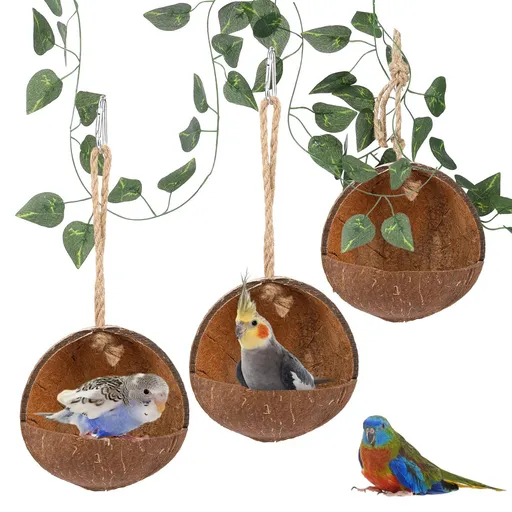 3 Pcs Natural Coconut Bird Hide Nest Birds Parakeet Nest with 6.9 Feet and 4 Hooks, Coconut Fiber Hanging Birdhouse Shell House