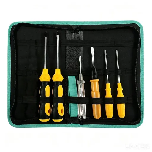 7-Piece Household Screwdriver Set — Includes a 6-Piece Yellow Screwdriver Set and a Medium-Sized Black Multi-functional Canvas Tool Bag. Features Carbon Steel Tips, Plastic Handles, and an Integrated Voltage Tester. The Tool Bag is Constructed from D