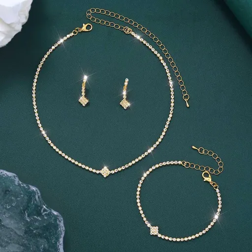 Bridal Zircon Jewelry Set 3-in-1 - Earrings Bracelet Necklace for Wedding Party - Crystal Shiny Bridal Jewelry Set for Women - Gold