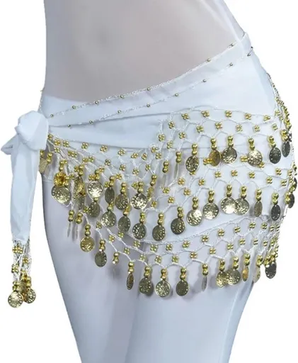 150cm Belly Dance Hip Scarf with Gold Coins,White
