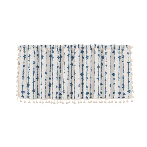 Blue Striped Cafe Curtain - 150 x 45 cm Cotton Linen Half Window Curtain with Tassel Trim for Kitchen, Cabinet and Small Window Decor