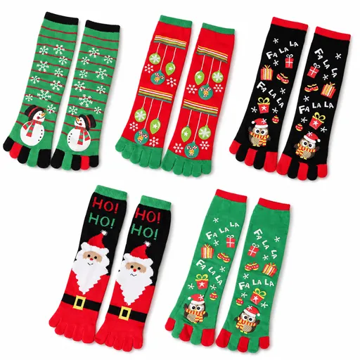 Penguin Christmas tabi socks with gift tower design, women's cartoon stockings 5 pairs