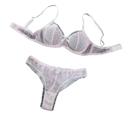 House Of Dasein Sexy Mesh Heart Print Bra Set Ultra Thin Comfortable Tempting Lingerie Two Piece - Crushed Flower - M
