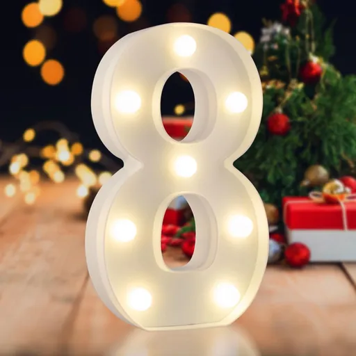 Sign Digit 8, warm white, 26 letters, 10 numbers, heart and & symbol; for birthday, party, Christmas, home, bar, wedding decoration; DIY word combinations; wall & tabletop display; battery operated.