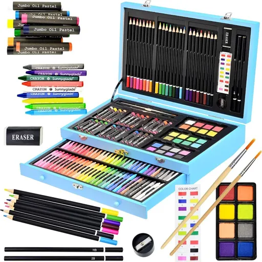 145 Piece Deluxe Art Set Wooden Art Box & Drawing Kit Blue Art Kit with Crayons, Oil Pastels, Colored Pencils, Watercolor Pans, Sketch Pencils, Brush, Sharpener, Eraser, Color Chart - Blue - Size 1Pack