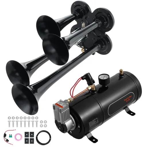 Train Horns Kit, 4 Trumpet Air Horn Kit, 150dB Train Horns for Pickup Trucks, 12V 120 psi Air Compressor 0.8 Gal/3 L Tank with Gauge for Any 12V Vehicle Car Truck Train Van Boat