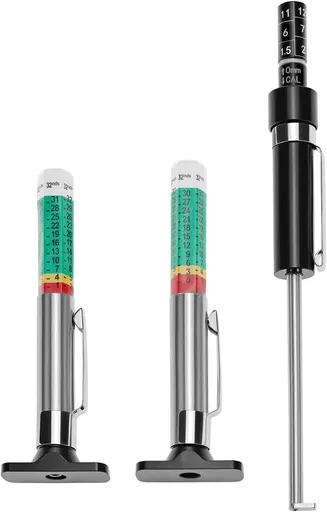 Tire Tread Depth Gauge 2-Pack + Brake Pad Thickness Gauge Set, Color-Coded 1/32 Inch Tire Tread Gauge (0–1 in), Brake Pad Measuring Tool for Internal & External Pads, for Car Truck Motorcycle