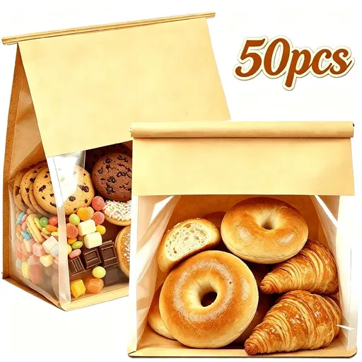50 Pack Extra Large Paper Bread Bags for Homemade Bread Sourdough - 13x28x10 CM Resealable Tin Tab Lock Loaf Bag with Window for Baked Goods, Cookies, Pastries, Bakery Storage and Gifting