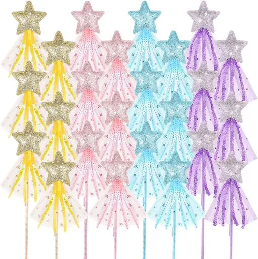 24 Pcs Glitter Star Magic Wand Princess Wand Fairy Angel Star Stick with Ribbon for Girl Kid Birthday Wedding Princess Dress up Role Play Party Supply Favor, Pink Purple Gold Blue