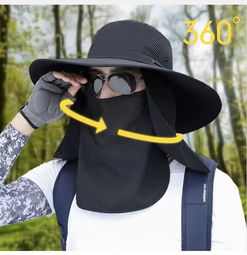 black,Extra Wide Fishing Hat with Detachable Sun Visor and Neck Guard - The Perfect Choice for Summer Fishing, Hiking, and Outdoor Activities