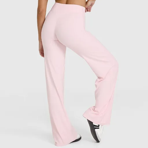 M Size Pink High Waisted Flare Yoga Pants for Women - M-Shaped Peach Hip Lifting Wide-Leg Workout Trousers with Soft & Skin Feel Four Way Stretch Fabric, Breathable & Quick Dry