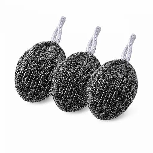 3 Pack Stainless Steel Scouring Pad with Hanging Loop - Heavy Duty Kitchen Scrubber for Pots Pans Sinks, Rust Resistant Spiral Woven Design, 30g Durable Cleaning Ball