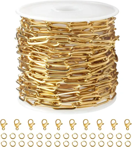 16.4 Feet Gold PVD Plated Chains for Jewelry Making 4MM Paperclip Chain Link on Roll Stainless Steel Chain Bulk with Lobster Clasps and Jump Rings for Women Men Necklace Making Supplies